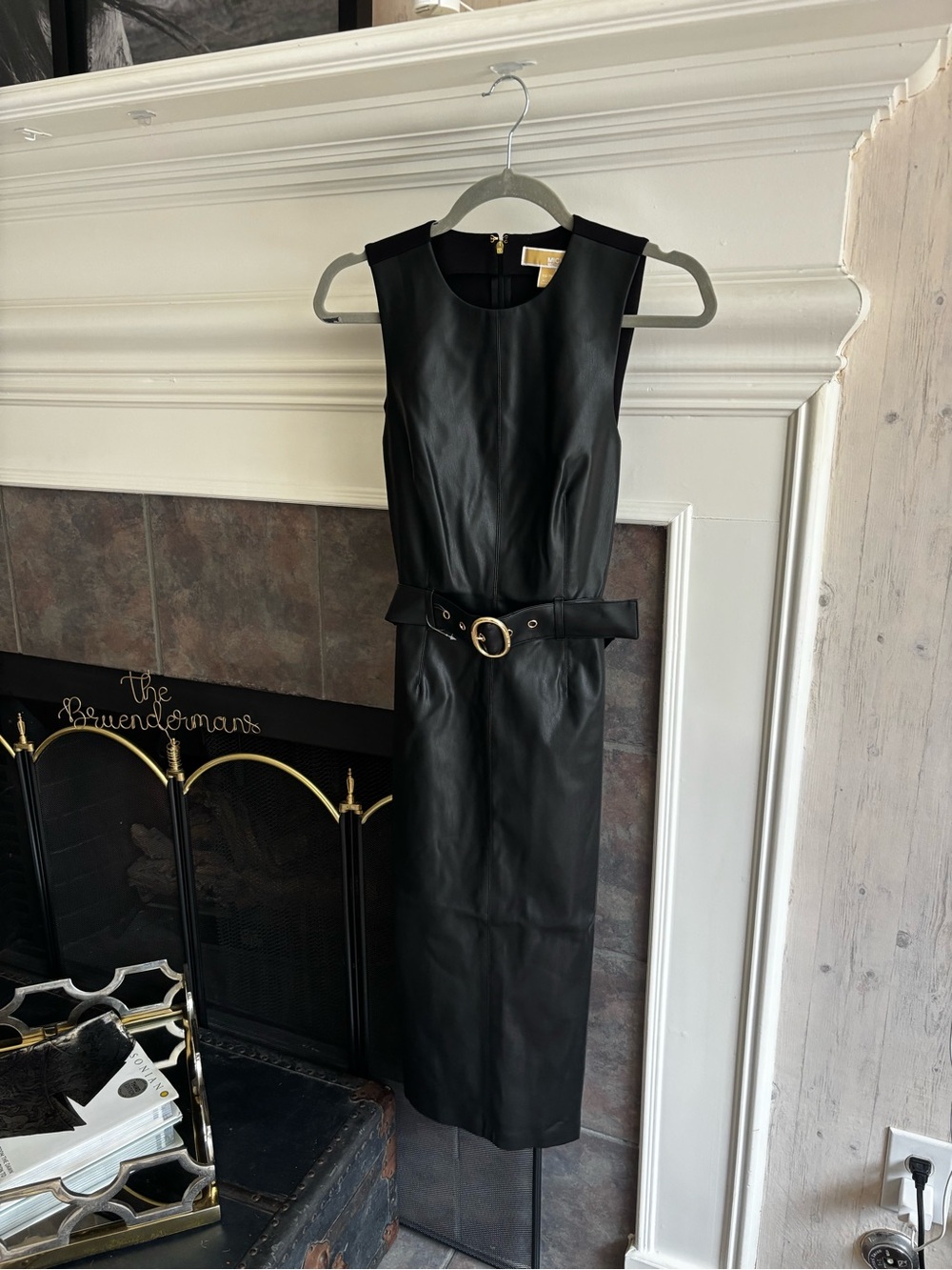 Michael Kors Black Sleeveless Faux-Leather Belted Sheath Dress